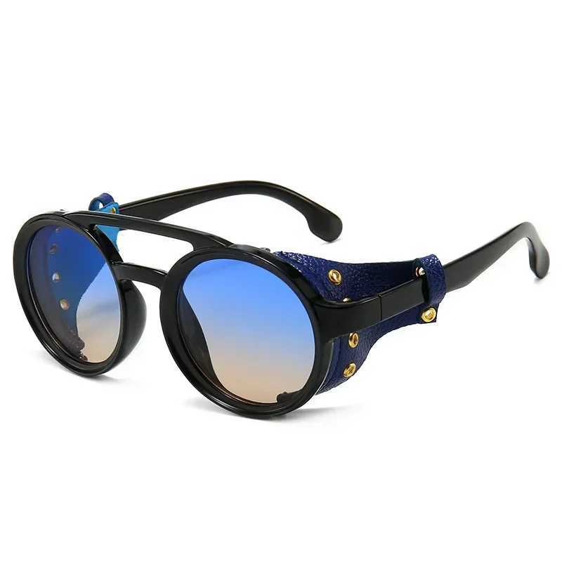 New Steampunk Shields Sunglasses Men Women Classic Sun Glasses with Side Leather Round Eyewears Punk UV400 LensXJ241228