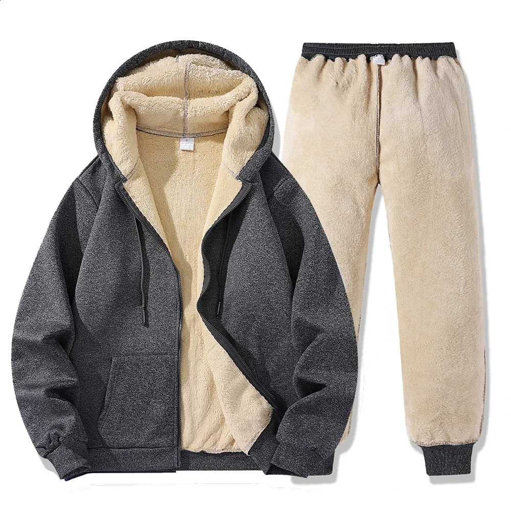 Winter Warm Zipper Jackets Suit Mens Casual Sports Hooded Sweatshirt and Pants Set Fashion Thermal Thicken Tracksuit Harajuku 241224