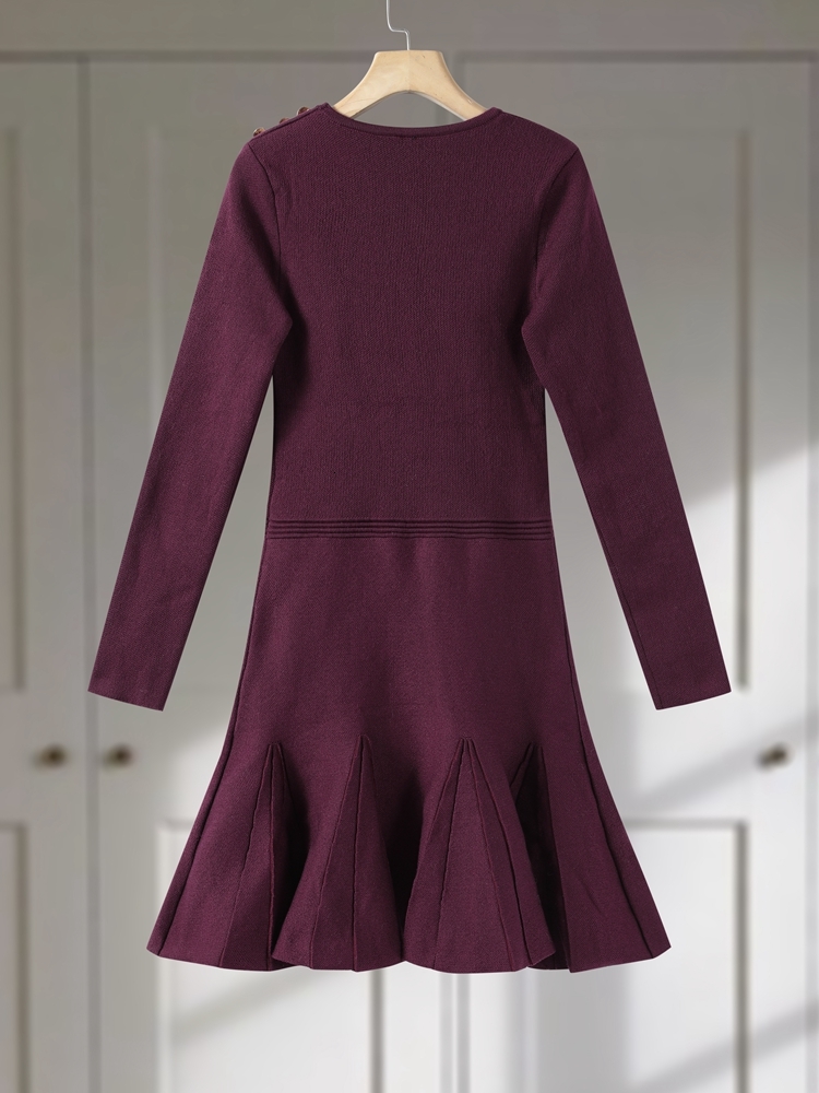 Casual Knitted Dress Women O-Neck Full Sleeves Buttons Pleated Mini Dresses Female 2025 Early Spring Fashion Knitting Lady Robes