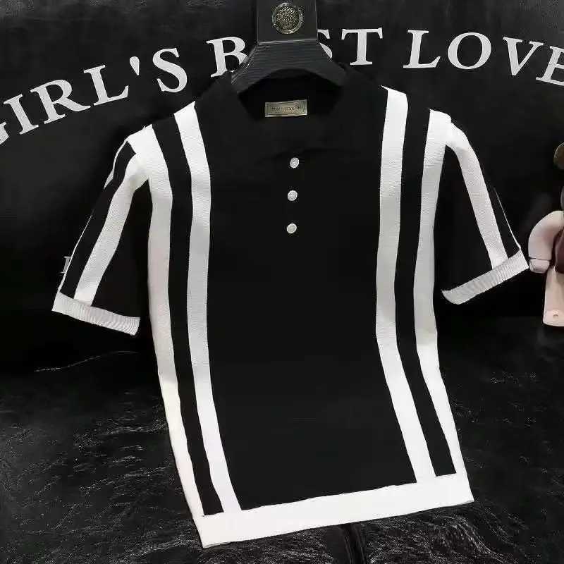 Summer New Fashion Korean Youth Men shirt Shirt Lapel Button Patchwork Stripe Ice Silk Color Matching Slim Short Sleeved Knit Top X241228