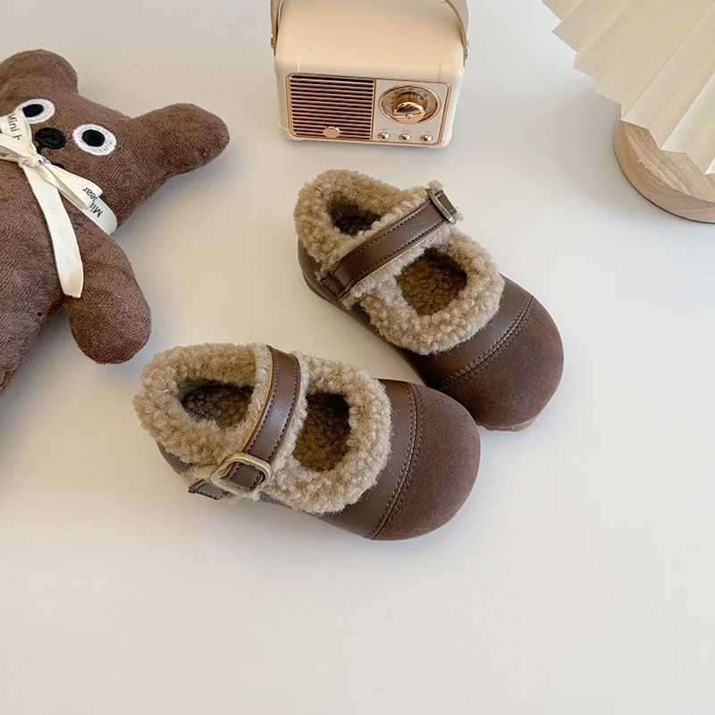 Winter Solid Preschool Girls Apartment Shoes PU Plush Warm Childrens Winter Shoes Shallow Hook Loop Soft Childrens Mary Jens W241228