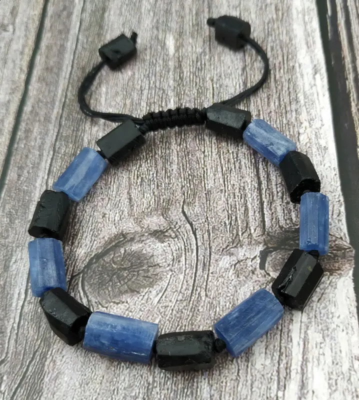 YA3933 Natural Kyanite Black Tourmaline Stone Beads Cord Knotted Adjustable Bracelet 241227