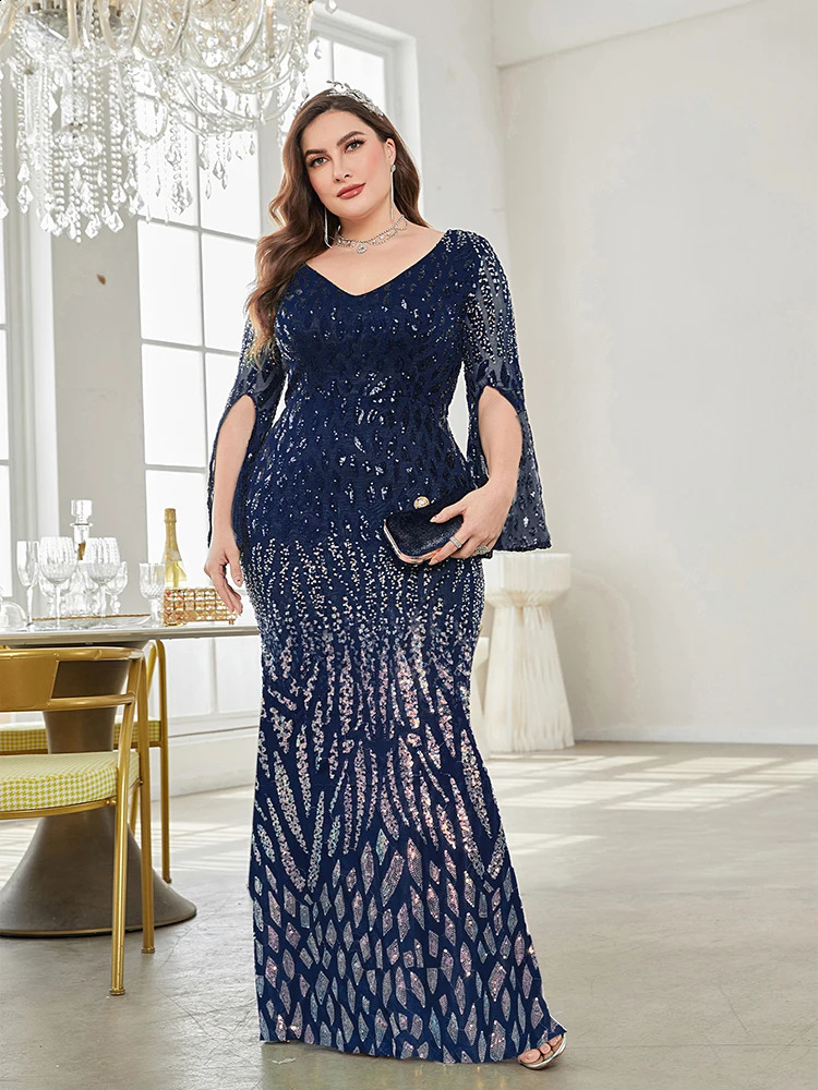 XUIBOL Plus Size Elegant Sequin Blue Evening Dress Women Formal Maxi Prom Long Sleeves Party Dress Cocktail Dress 241220