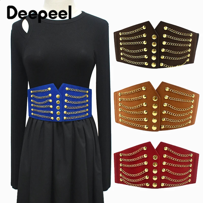Deepeel 64cm PUNK Womens Corset Wide Belt Woman Cummerbunds Elastic Belts Chain Rivet Waistband Female Dress Coat Accessories 241227