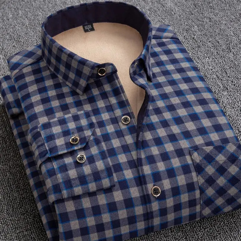 Mens Fleece Plaid Shirt Thick Warm Velvet Shirt Long Sleeve Business Fashion Big Size Autumn Winter 241223