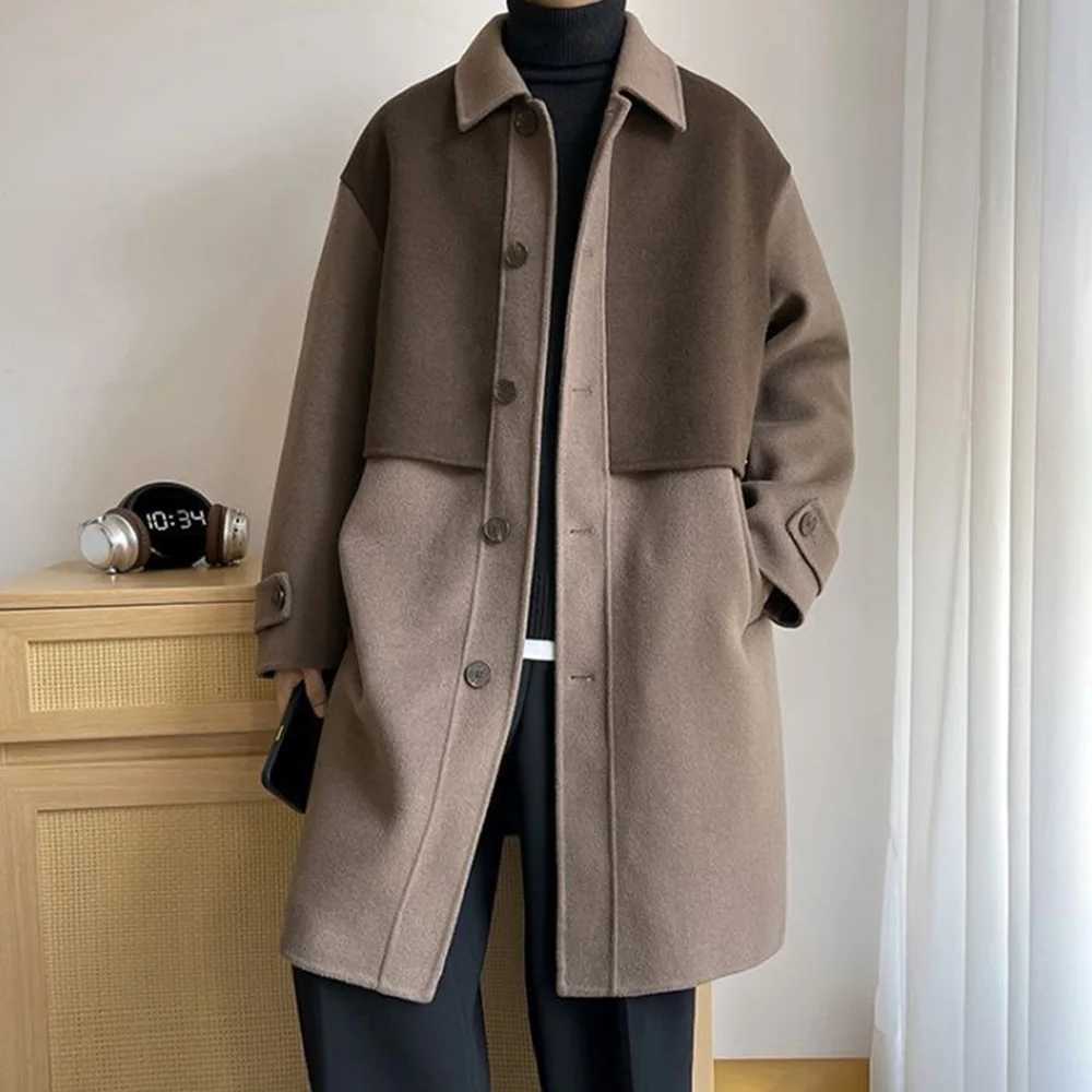 Mens Trench Coat Contrast Business Casual Cape Town Autumn Street Fashion Korean Commuter Long Coat Mens Clothing 2024 W241228