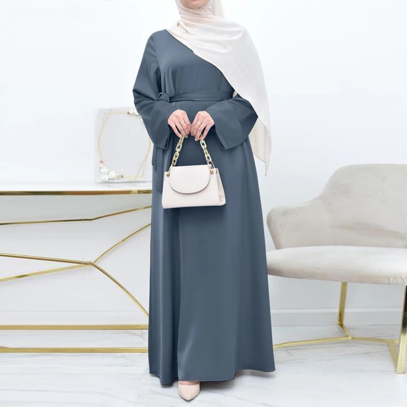 B1901 new Muslim women's satin skirt Middle Eastern robe simple solid color loose round neck belt large size long sleeve