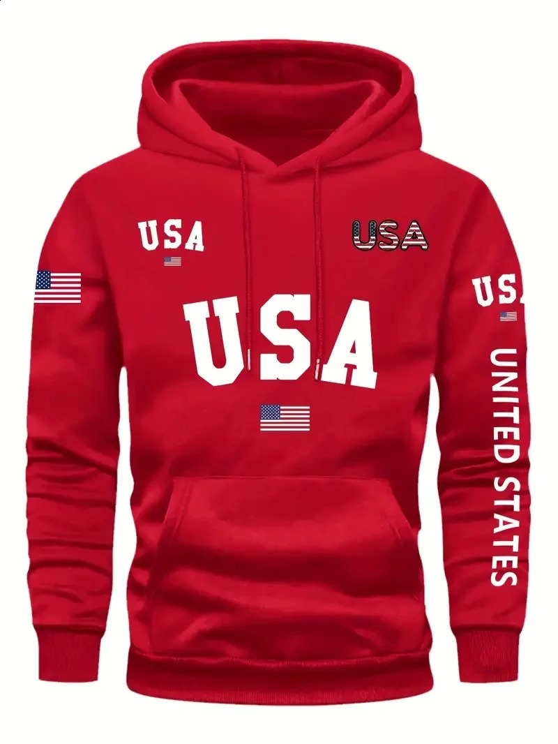 Plus size mens fashionable hoodie long sleeved casual sports style fancy letter American flag print hoodie 241220