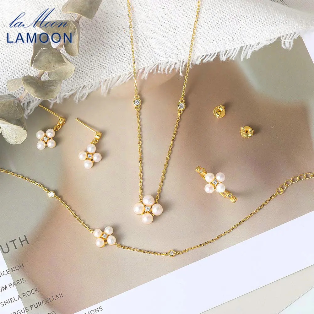 LAMOON S925 Silver Pearl Jewelry Set For Women Natural Freshwater Pearl 14K Gold Plated Wedding Engagement Fine Jewelry V073 241226