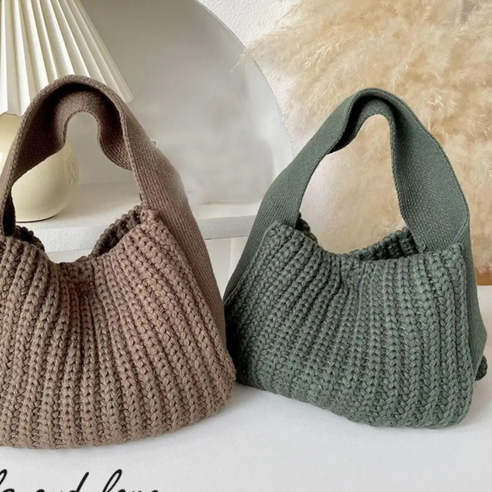 Handmade Knit Handbag Women Mini Knot Wrist Bag Fashion Casual Color Tote Bag Student Reusable Shopping Bags 241227