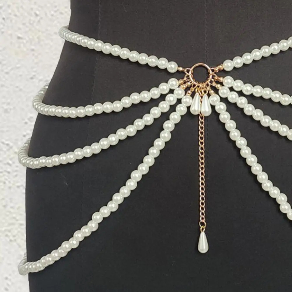 Womens Belly Chain Multi-Layer Waist Chain with Faux Pearl Decor Elegant Waistband for Dresses Skirts Belt Chain Body Jewelry 241227