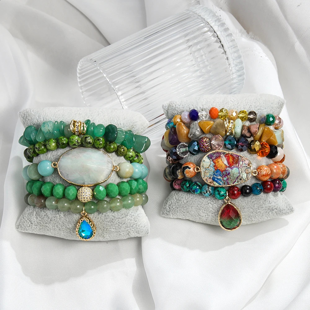 Summer Fashion Bohemian Style Natural Stone Glass Beaded Elastic Bracelet Flat Emperor Stone Charm 5pcs Stacked Bracelet Set 241227