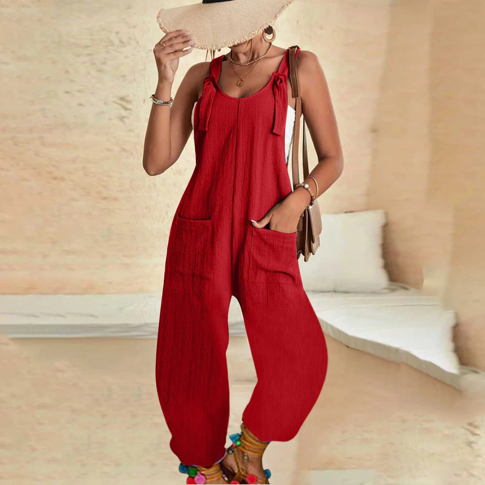 Women Tie Shoulder Overall Casual U Neck Sleeveless Jumpsuits Spaghetti Strap Baggy Overalls Harem Pants With Pocket Suites 241224