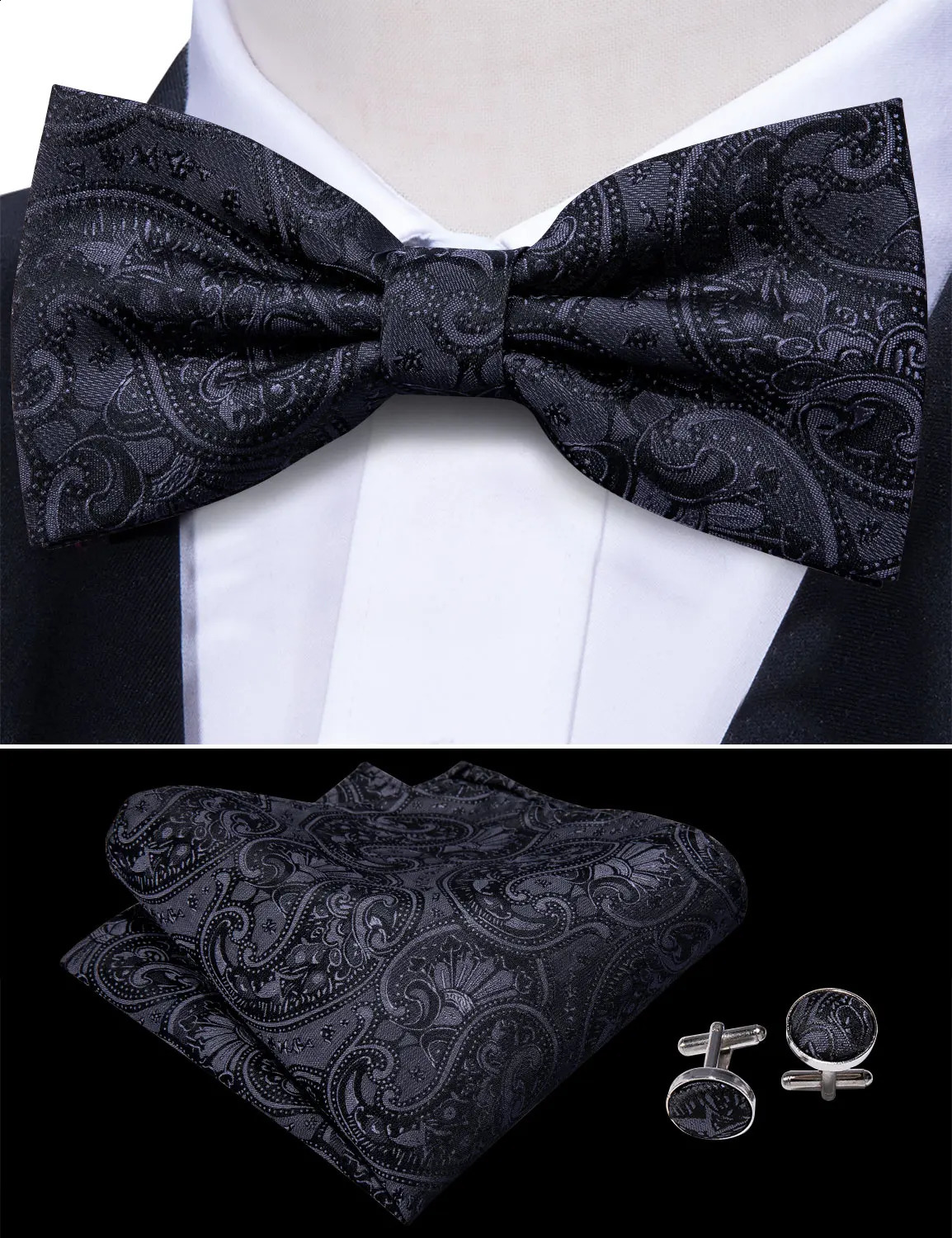 Silk Paisley Tuxedo Mens Cummerbund Bow Tie Pocket Square Set Black Formal Wide Elastic Belt For Men Wedding Party Barry. Wang 241227