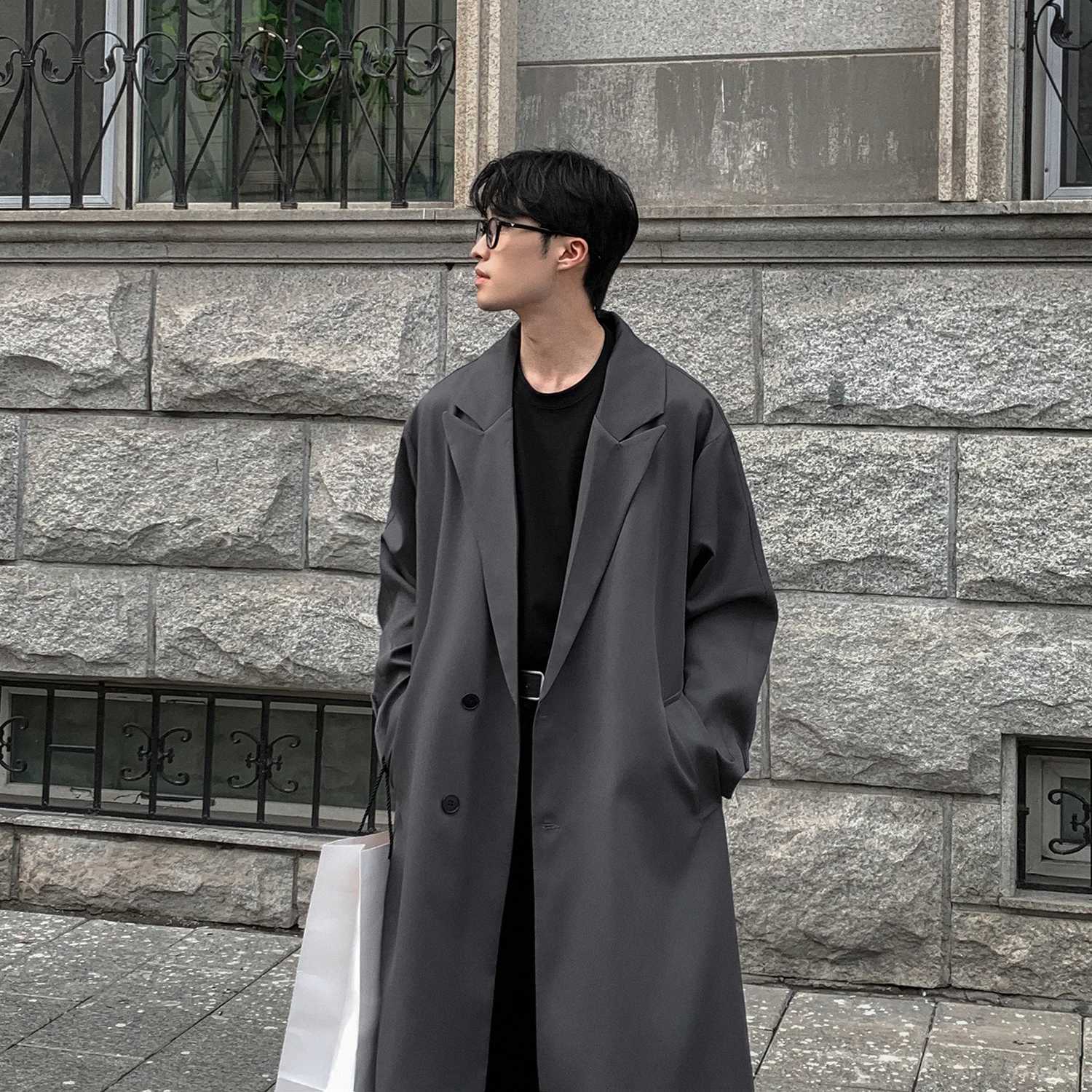 Trench Coat Autumn Korean Mens New Fashion Overcoat Male Long Windbreaker Streetwear Trench Men Outerwear Black/Gray/Coffee W241228
