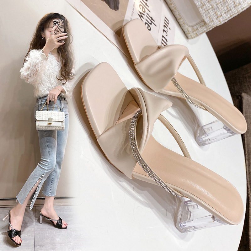 Women Slippers Fashion High Heel New Versatile Sandals French Style Outdoor Wear Triple Black Beige Apricot Free shipping