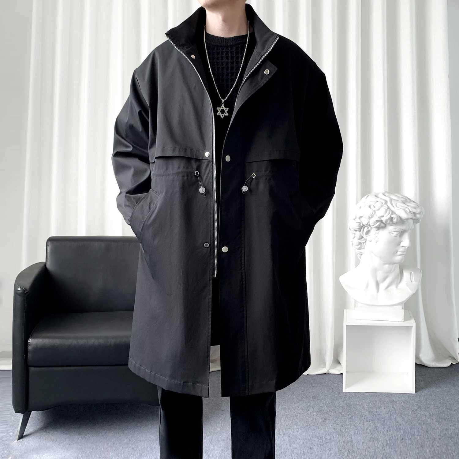 Long patch work trench coat casual collar mens clothing fashion paradigm cape single chest zipper top mens patchwork jacket W241228