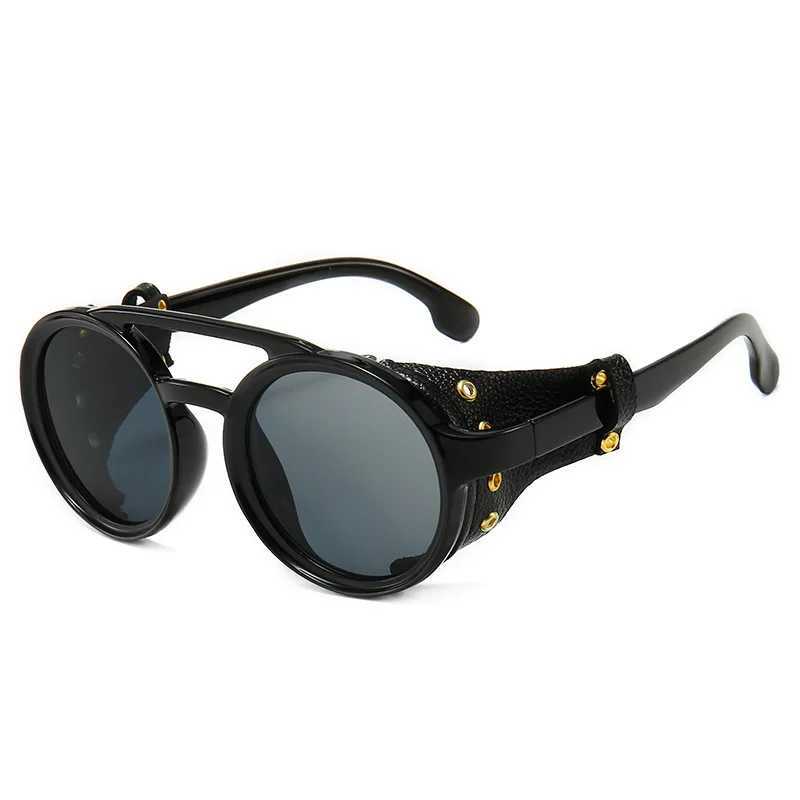 New Steampunk Shields Sunglasses Men Women Classic Sun Glasses with Side Leather Round Eyewears Punk UV400 LensXJ241228