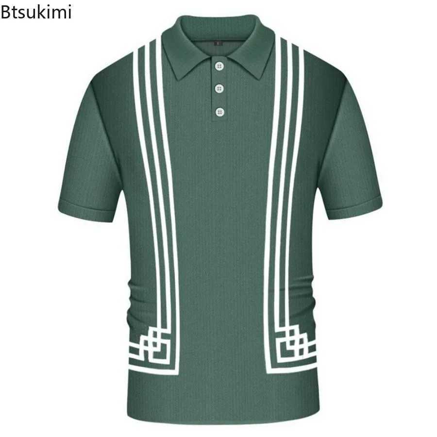 Hot Sale Mens Summer Clothes Luxury Style Slim Green Stripe shirt Shirts Male Knitted Short Sleeve shirt T shirts Mens Shirts X241228