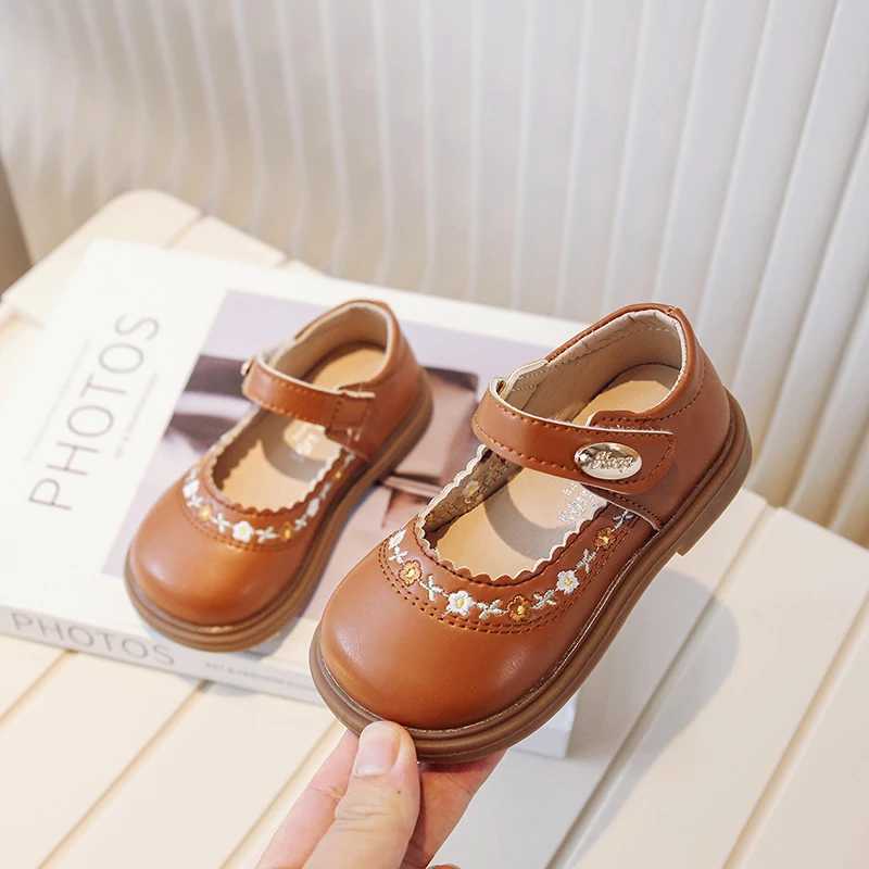 Toddler Girls Mary Janes Flower Embroider Shallow Sweet Children Leather Shoes Three Colors Hook-loop Comfy Kids Shoe 21-30 W241228