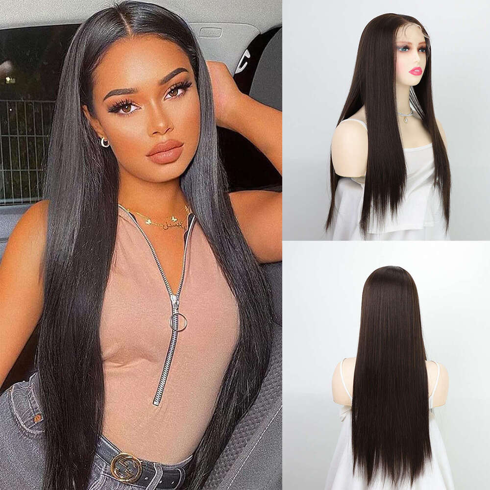 Wig 13 * 4 Dark Brown Long Straight Hair Women's Front Lace Wig Headband Xu Chang Kq2 Kq2