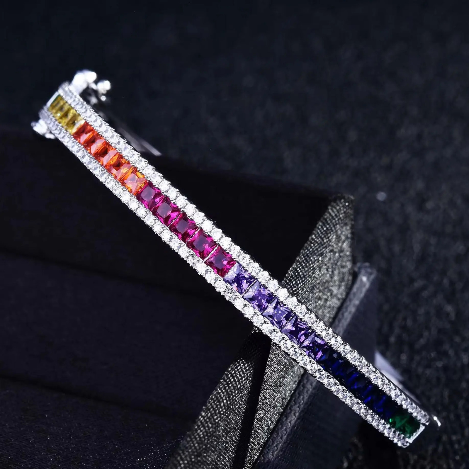 WPB Rainbow Zircon Bangle Women Bright Colored Square Diamond Bangles Female Platinum Plating Fine Jewelry Girl Gift 241227