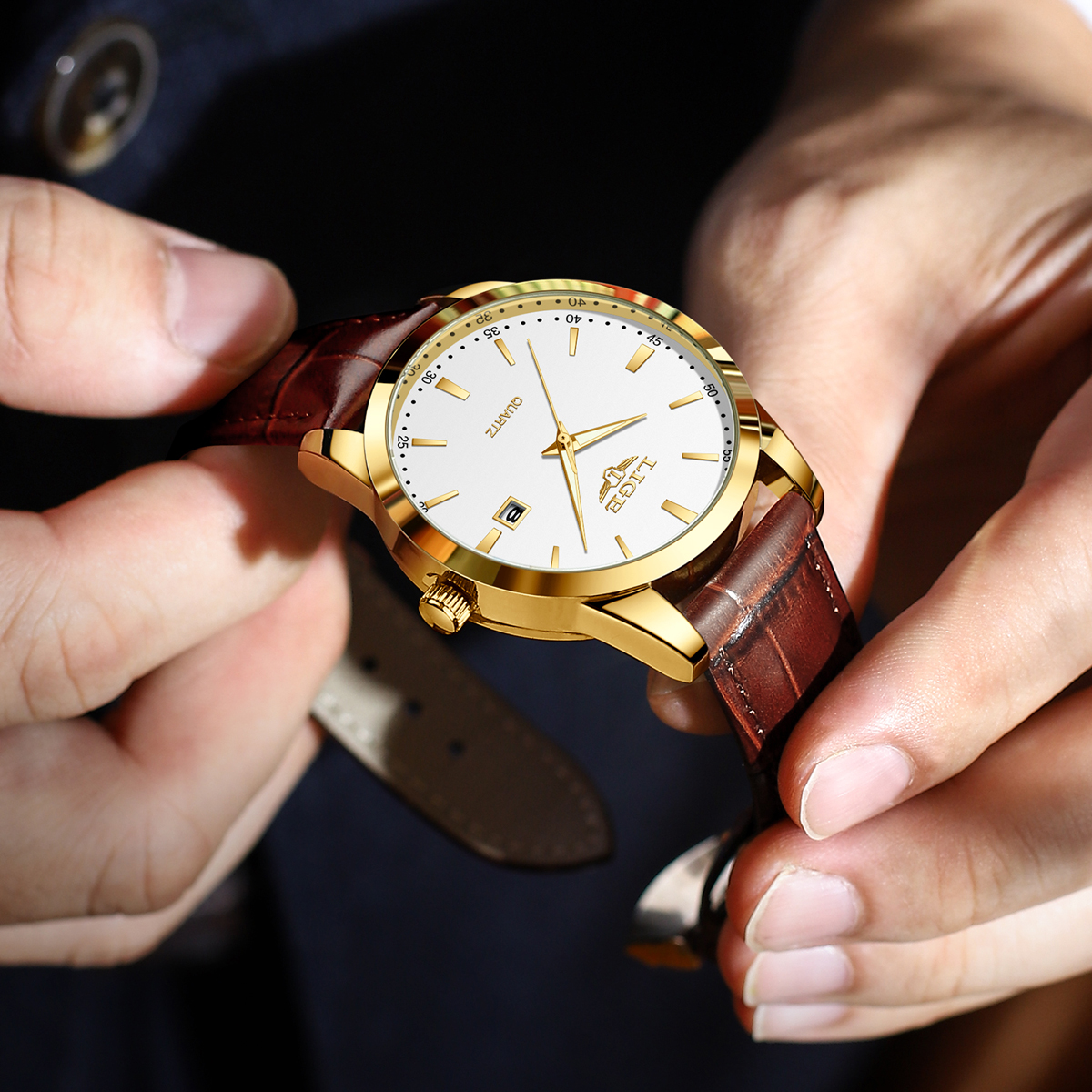 LIGE Men's Business Quartz Watch Premium Brand Watch Premium Leather strap Classic dial Men's Waterproof Watch Three pin calendar watch Holi