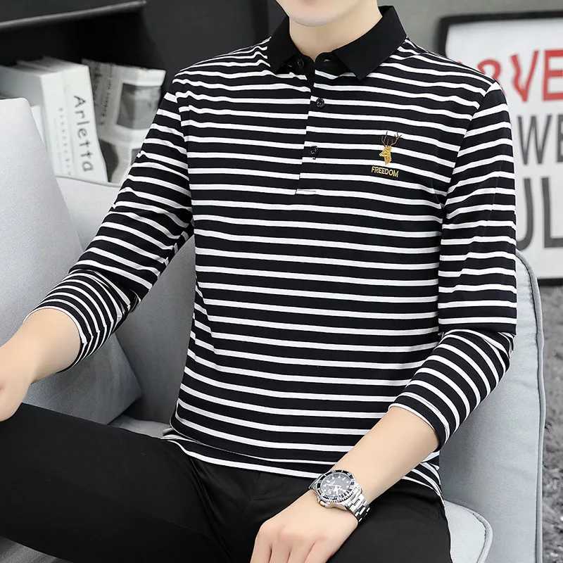 Spring and summer new long sleeved T-shirt shirt shirt mens Korean striped casual top X241228