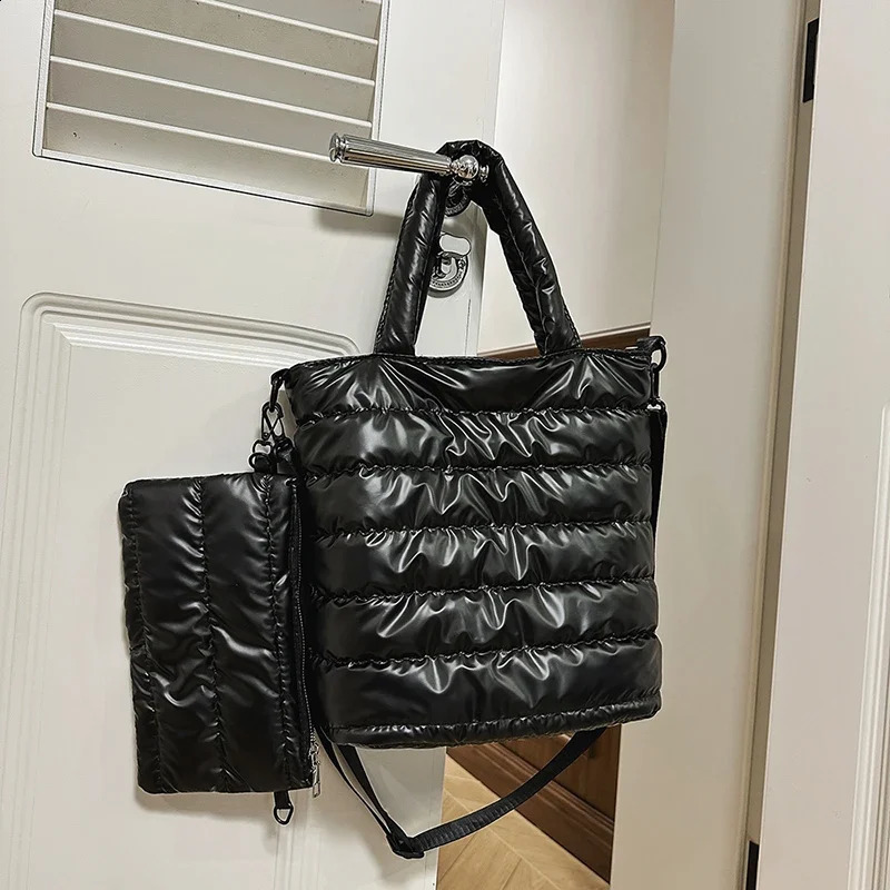 Winter Space Cotton Tote Bag For Women Fashion Casual 2 Set Messenger Bag Silver Puffy Handbag Large Capacity Bag 241227