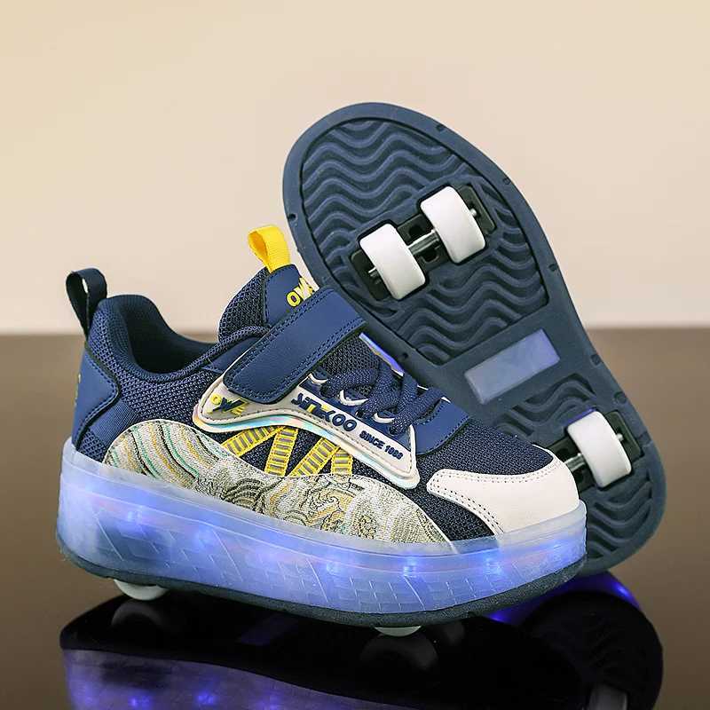 Childrens casual shoes fashionable two wheeled walking shoes shock-absorbing USB charging breathable LED light shoes W241228