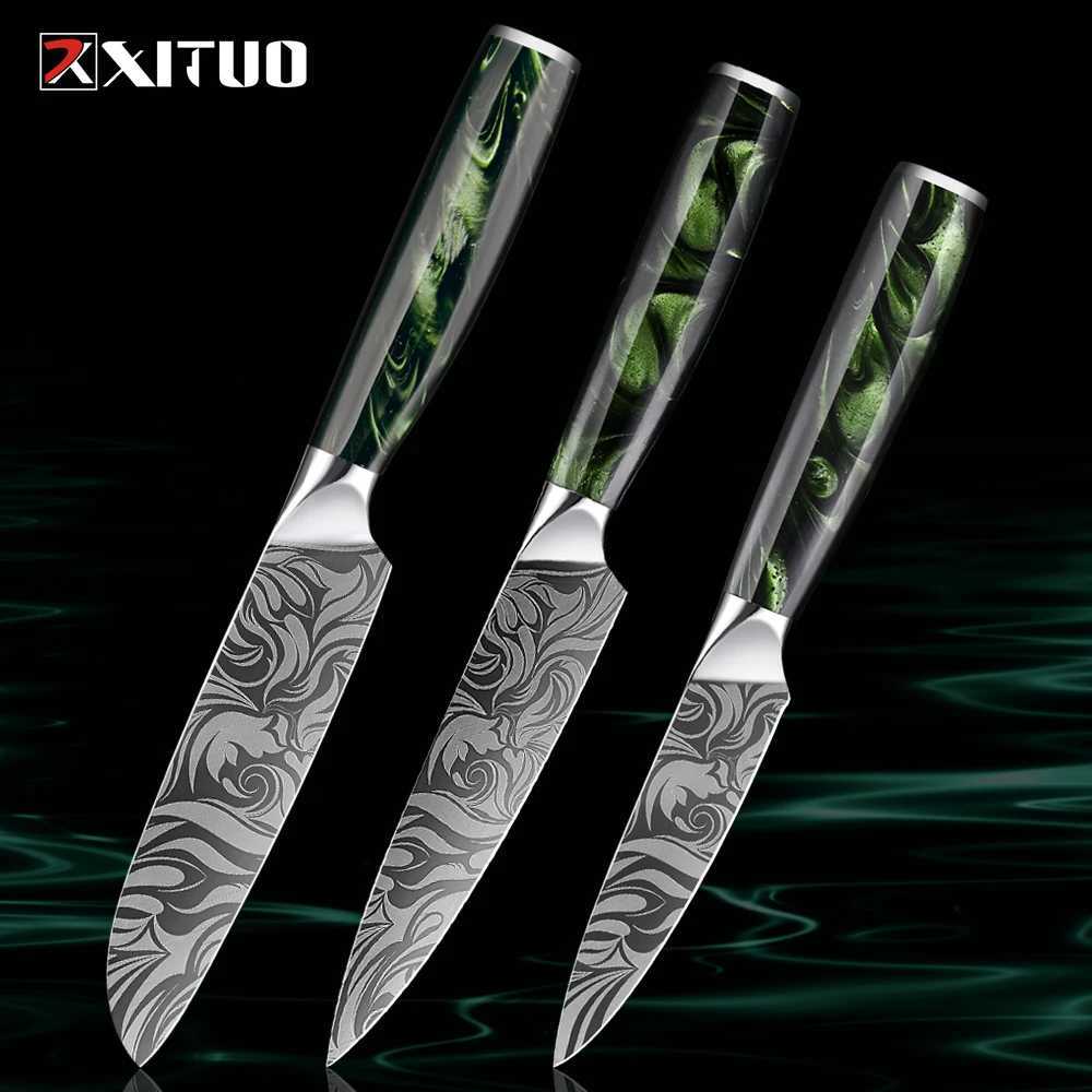 1-3Piece Japanese Kitchen Knife Set Green Resin Handle Laser Damascus Pattern Santoku KnifeParing Knifely Sharp Blades Y241227