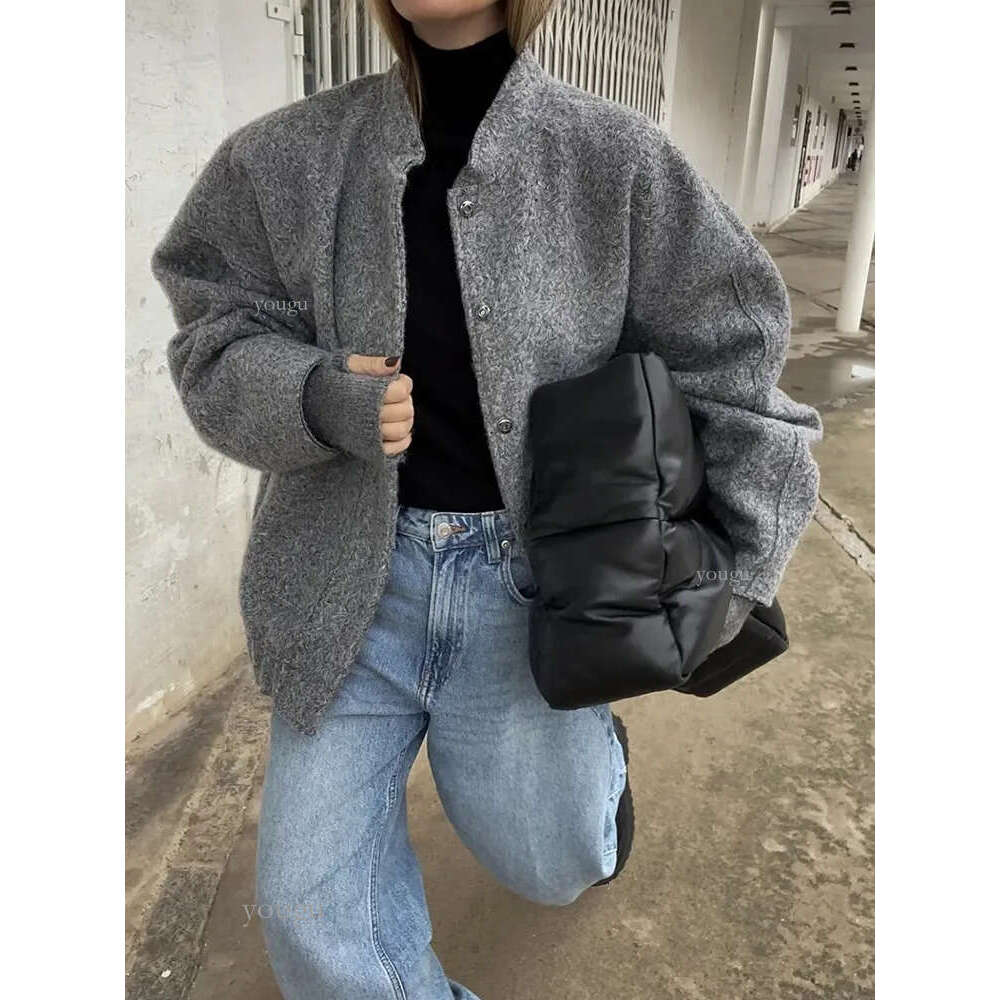 Women's Jackets SLMD 2023 Women Gray Bomber Outwear Button Solid Long Sleeve Casual Loose Coat traf ins 230726