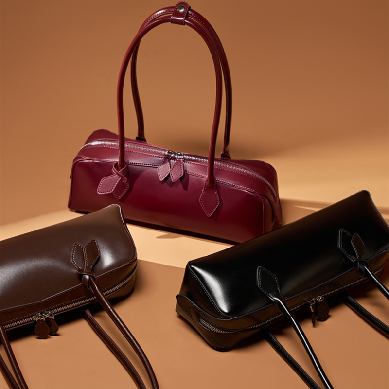 Burminsa Genuine Leather Long Handle Underarm Shoulder Bags For Women 2025 Designer Korean Purses Tote Ladies Handbags