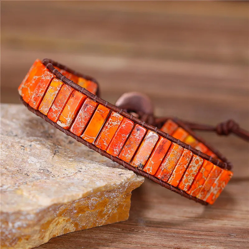 Orange Jaspers Leather Wrap Bracelet Jewelry Natural Stone Tube Bead Cuff Bracelet Unique Bohemian Bracelets Anniversary Gifts 241227
