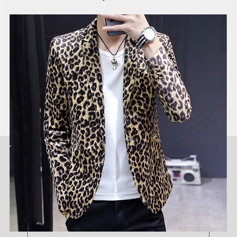 HOO L Mens Casual Thin Handmade Slim Leopard Print Jacket 241227