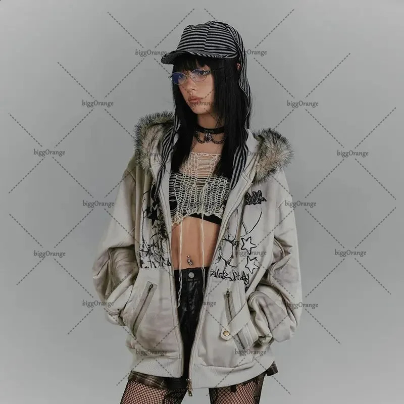 American Street Style Fur Collar Clothing Fashionable Bunny Ears Hoodie Y2k Harajuku Classic Pocket Decorated Zipper Sweatshirt 241227