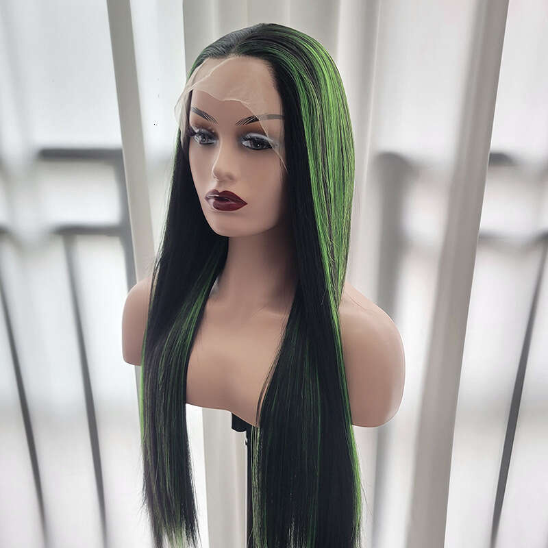 13 * 4 Women's Synthetic Front Lace Mid Split Long Straight Wig Black Green Mixed Color Kq2 Kq2
