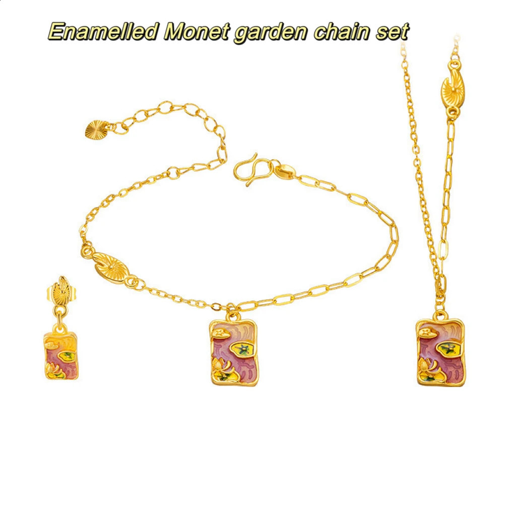 Enamel Monet garden pendant necklace bracelet earrings women light Chinese fashion jewelry three-piece set 241226