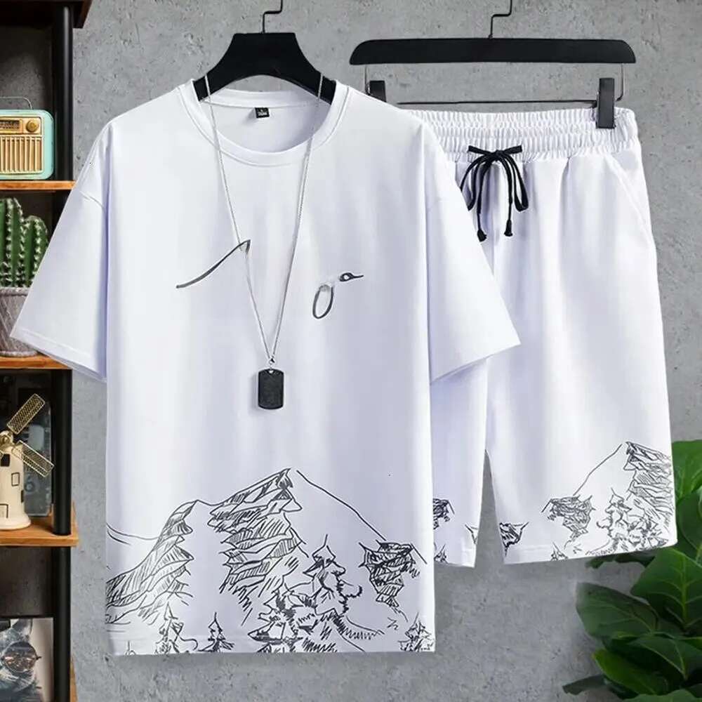 2-Piece Men's Short Set: Drawstring, Pockets, Casual, Mountain Print, Loose T-Shirt, Shorts, Sportsuit, Streetwear