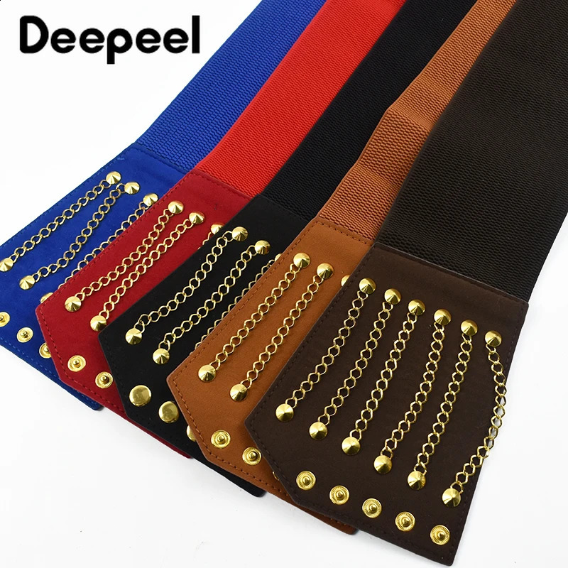Deepeel 64cm PUNK Womens Corset Wide Belt Woman Cummerbunds Elastic Belts Chain Rivet Waistband Female Dress Coat Accessories 241227