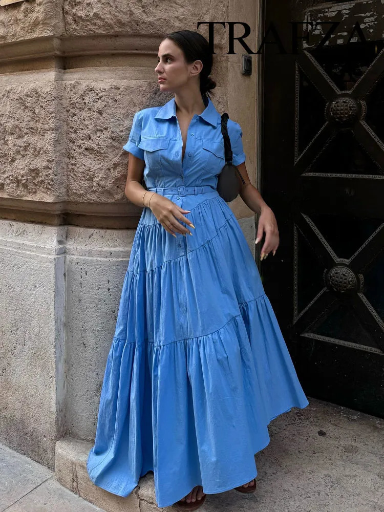 TRAFZA Women Fashion Long Dresses Solid Turn-Down Collar Short Sleeves Belt Single Breasted Female Summer Elegant Dress 2 Color 241227