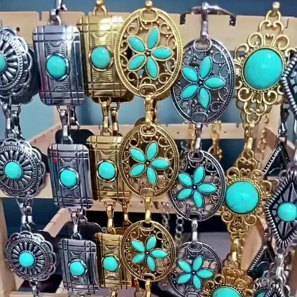 Western Concho Waist Chain Belt For Women Bohemia Vintag Link Belts Hollow Out Turquoise Golden Waistband For Cowgirl Dress Jea 241227