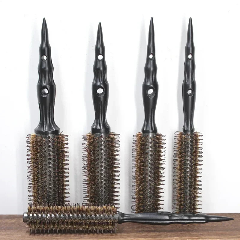 6 Sizes Wood Handle Boar Bristles Round Brush Removable Tail Professional Barber Salon Hairdressing Hair Brush Hair Round Comb 250103