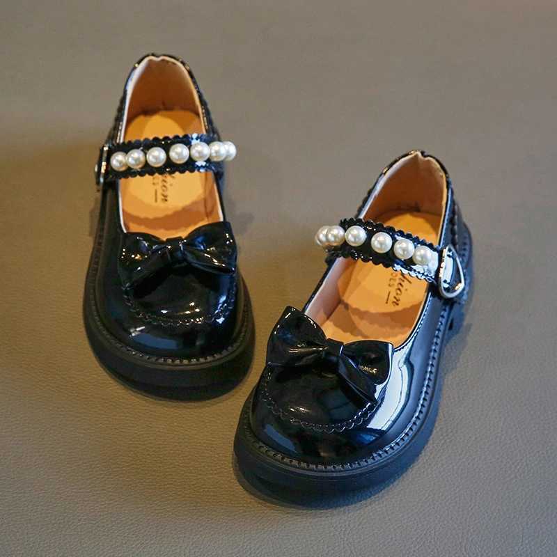 Mary Janes for Girls Spring Pearl Lolita Lovely Bowtie Black White Cover Toe Children Flat Shoes Patent Leather 27-37 Kids Shoe W241228