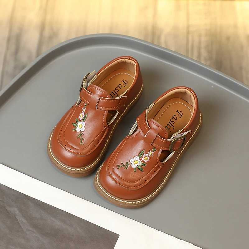 Toddler Girls Mary Janes Embroidery Flower Vintage Kids Autumn Flat Shoes 21-30 Beige Khaki Light Comfy Slish Children Shoe W241228