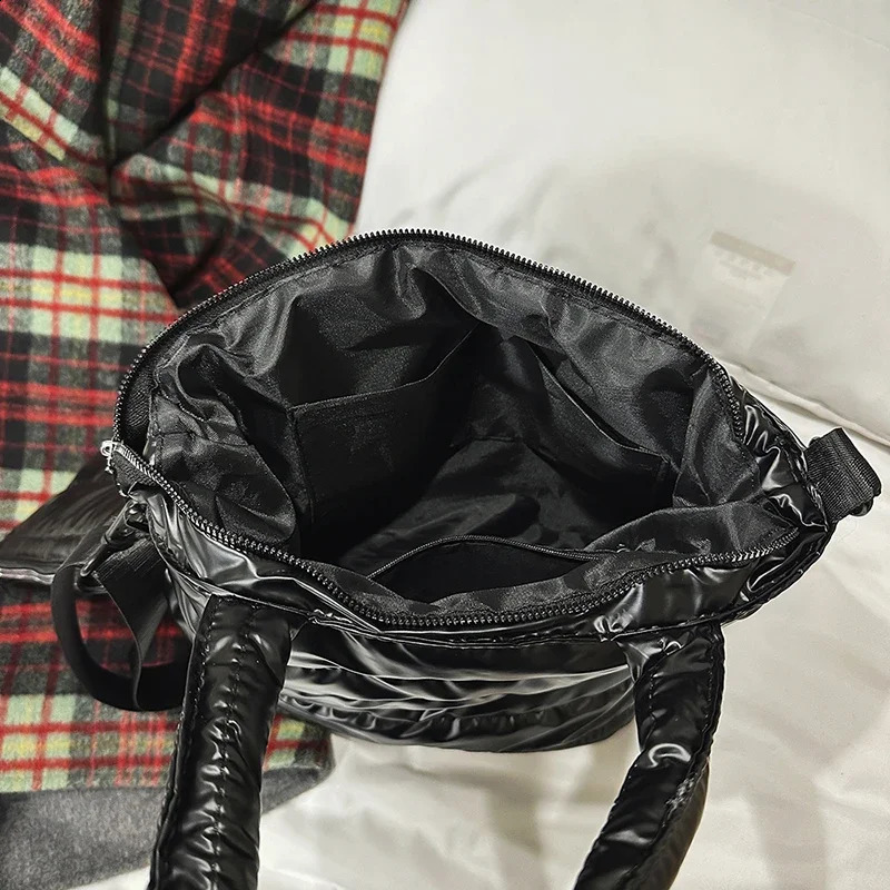 Winter Space Cotton Tote Bag For Women Fashion Casual 2 Set Messenger Bag Silver Puffy Handbag Large Capacity Bag 241227