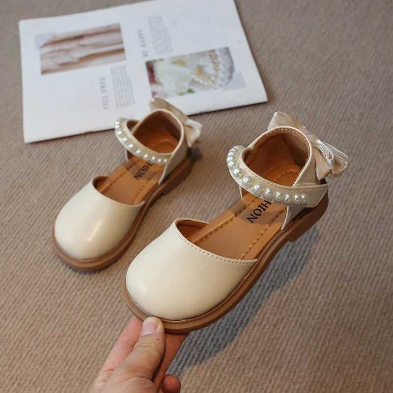 Children Flat Leather Shoes for Girls Fashion Princess 2024 Spring Summer Kids Flats Bowtie on The Back with Pearls Beads Sweet W241228