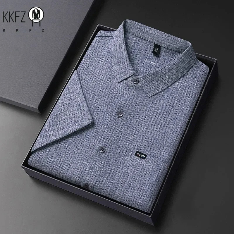 Mens Business Casual Plaid Cotton Linen Short Sleeved Shirt Comfortable Cotton Top 241223