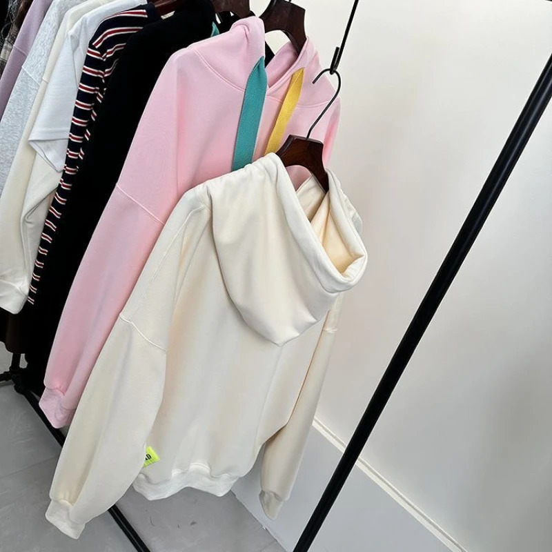 Korean 2024 Womens Spring Autumn Splicing Pullovers Hooked Fashion Pocket Solid Color Versatile Casual Long Sleeve Hoodies 241223