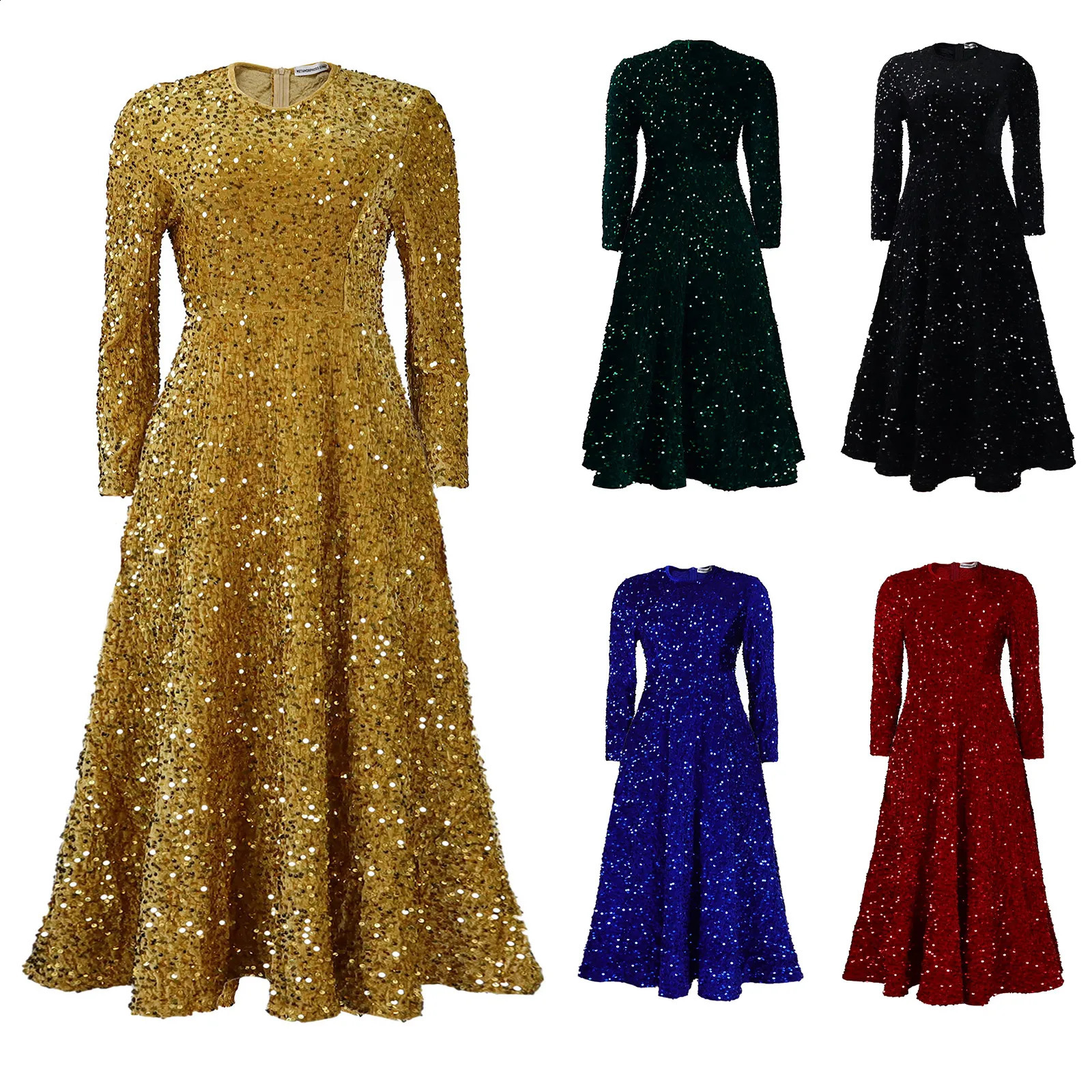 Elegant Women Cocktail Dress Long Sleeve Glittery Sequin Dresses Evening Party Gown for Wedding Banquet Formal Vestido De Fiesta 241220